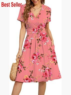Rayon Spandex V-Neck Floral Summer Dress with Pockets